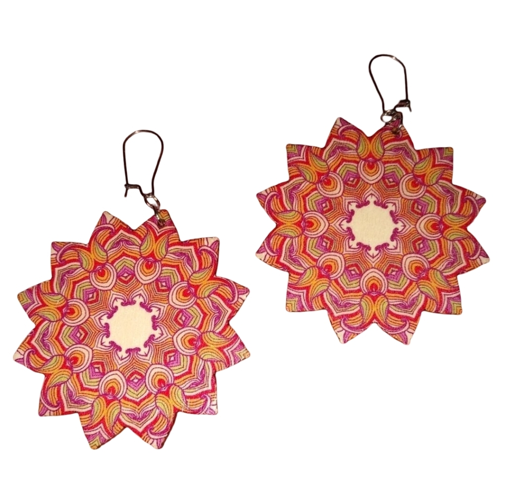 Pink Orange Floral Mandala Earrings Wood Boho Flower Lightweight Stainless Steel